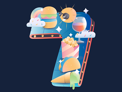 7 Days with Orbit burger conveyor belt food icecream identity illustration pop corn taco