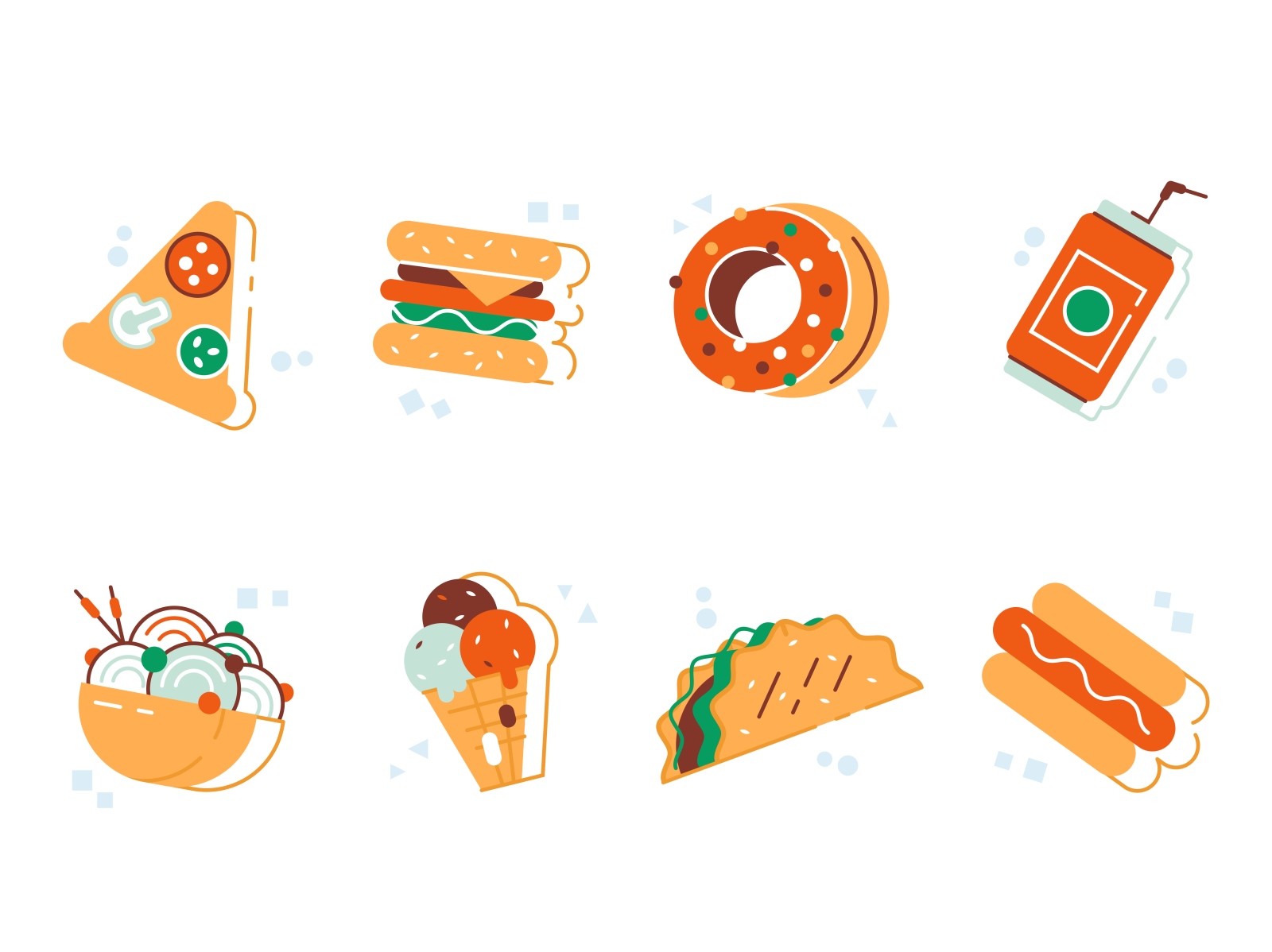 Fast food icons set asian food burger burrito chinese cola design eat fast food flat hot dog ice cream ice cream cone icon illustration lunch pizza soda thai food unhealthy vector