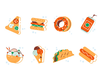 Fast food icons set asian food burger burrito chinese cola design eat fast food flat hot dog ice cream ice cream cone icon illustration lunch pizza soda thai food unhealthy vector