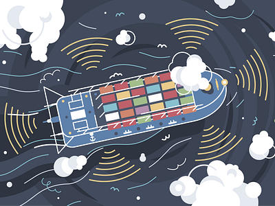 Containership ai clouds cold water containership design flat illustration island landing landing page nord theme ocean order sea search vector wave web website