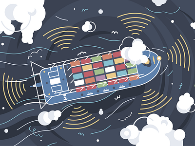 Containership ai clouds cold water containership design flat illustration island landing landing page nord theme ocean order sea search vector wave web website