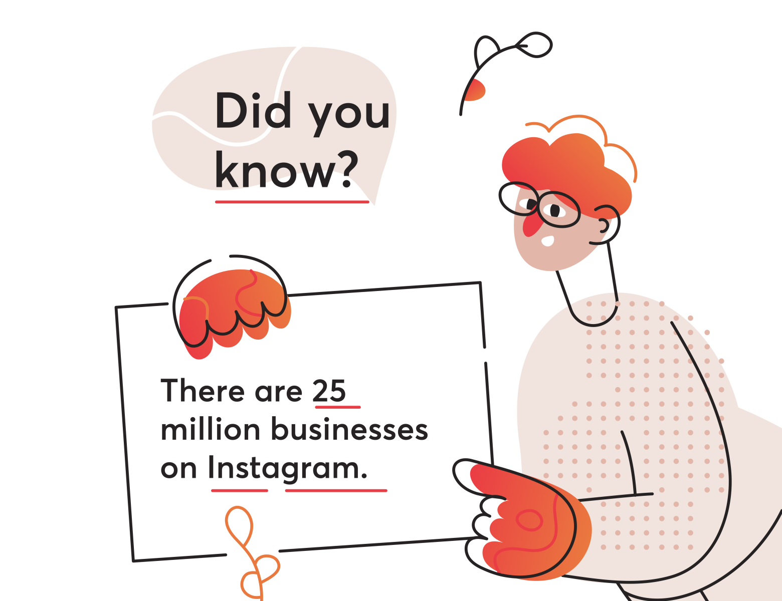 Young man points out an interesting fact art business business people character design fact factory flat gradient illustration instagram post line liner modern orange outline people red texture vector