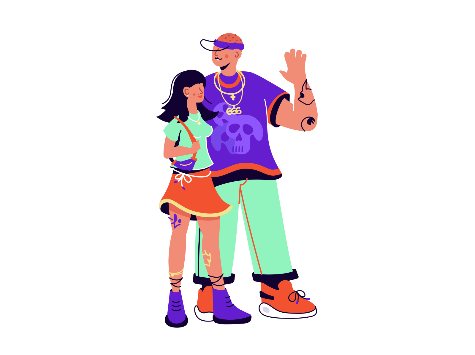 Couple african american asian character clothes couple design fashion flat hiphop illustration man people rap sneakers streetwear style subculture tattoo vector woman