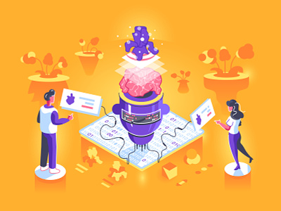 Artificial intelligence training to recognize in isometric style abstract ai artificial intelligence big data business character code data design flat flowers illustration isometric illustration isometry people plants robot robotics training vector