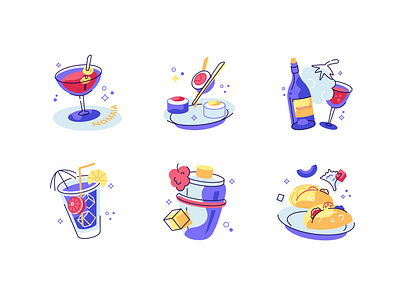 food and drink icons set. nomaia x marco bar bottle cafe cocktail design drink flat food glass ice icon icons illustration line outline plate set taco vector wine