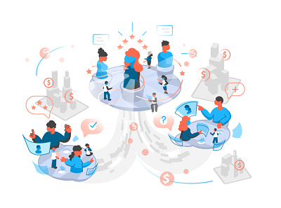 Visualization of company work for recruiting in isometric style. business people character city curasion design ecosystem flat flow grow hr illustration isometric isometry logo money people pool recruiting talent vector