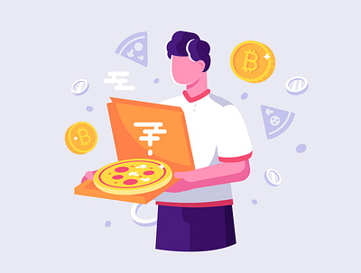 Bitcoin Pizza Day 22 may bitcoin bitcoin pizza day character crypto cryptocurrency delivery design fast food flat illustration money pizza pizza deliveryman vector