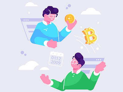 First bitcoin transaction illustration attachments bitcoin bitcoins circulating business people coin crypto design flat illustration investment miner money people transaction vector