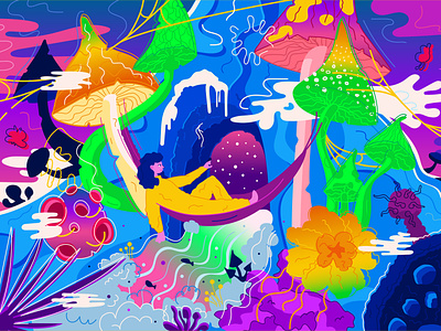 welcome to the mushroom jungle. silpo x marco book cover cartoon children illustration design dream fairy tale fantasy flat illustration line mountain mushroom psychedelic psychodelicmushroom silpo trip vector сильпо сільпо