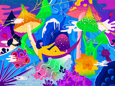 welcome to the mushroom jungle. silpo x marco book cover cartoon children illustration design dream fairy tale fantasy flat illustration line mountain mushroom psychedelic psychodelicmushroom silpo trip vector сильпо сільпо