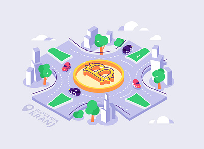 monument to bitcoin in slovenia art bitcoin building car city crypto cryptocurrency design flat graphic design illustration isometric isometric illustration kranja monument nft road slovenia vector vector illustration