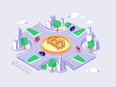 monument to bitcoin in slovenia art bitcoin building car city crypto cryptocurrency design flat graphic design illustration isometric isometric illustration kranja monument nft road slovenia vector vector illustration