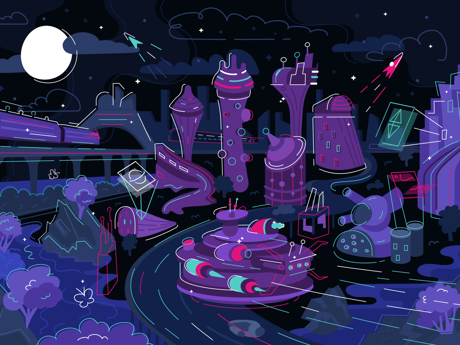 futuristic night city. moonbeam x marco blockchain car cartoon city crypto cyberpunk design fantastic flat flying futuristic illustration liner moon moonbeam neon outline sci-fi subway vector