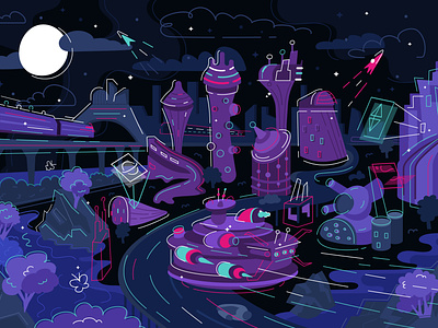Futuristic night city blockchain car cartoon city crypto cyberpunk design fantastic flat flying futuristic illustration liner moon moonbeam neon outline sci-fi subway vector