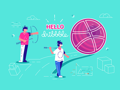 Hello, dribbble! assistant business people character chatting debut design drawing dribbble eye flat hello dribbble illustration office people target team teamwork ui vector way