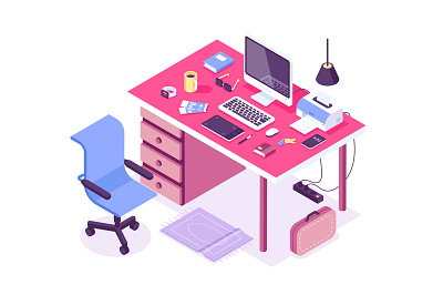 Home workplace bag business chair coffee computer concept design desk flat illustration isometric lamp office pc phone place smart watch tablet vector work desk