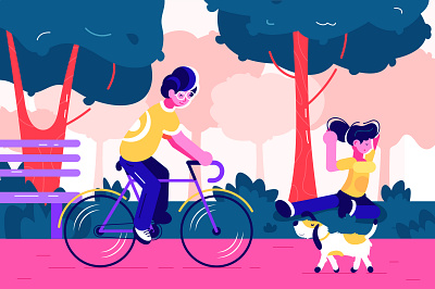 Morning in the urban park. activity bench bicycle character city design dog flat happy illustration park people riding sport spring summer tree vacation vector yoga