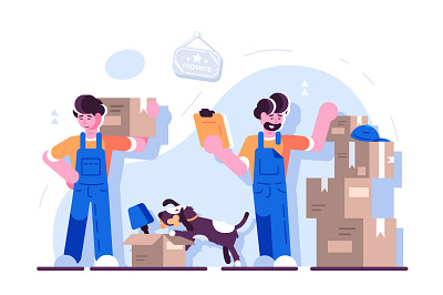 Movers at work box cargo character cute delivery design dog employee flat goods happy home illustration job male package smile team vector worker