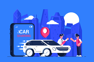 Car sharing service application auto automobile business people car car app character city design driver flat illustration parking phone rent share street taxi transport vector