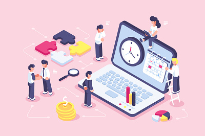 Time management concept business people character clock design flat illustration isometric laptop management notebook office people planning puzzle shedule team teamwork time vector work