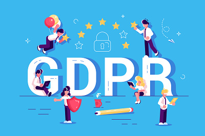GDPR concept. Data protection access business business people character code communication computer data design europe flat illustration internet letter people privacy protection shield star vector