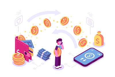 Money transfer concept application bank business cashback character coin credit card design flat illustration internet isometric online pay payment phone team transfer vector wallet