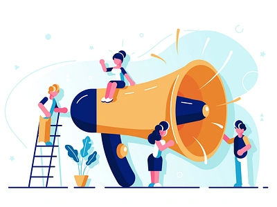 Business advertising promotion concept advertisement alert announcement attention business people character design flat horn illustration loudspeaker marketing megaphone office online people refer speaker team vector