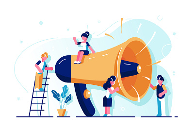 Business advertising promotion concept advertisement alert announcement attention business people character design flat horn illustration loudspeaker marketing megaphone office online people refer speaker team vector