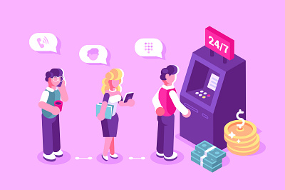 Queue at the ATM atm banknote business people card cash character coin credit crowd design dollar flat illustration machine money office payment people terminal vector