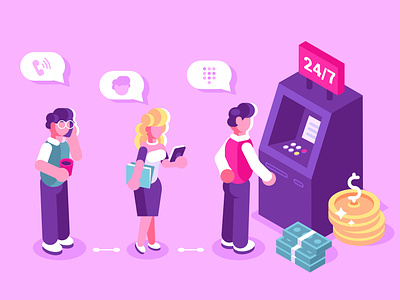 Queue at the ATM atm banknote business people card cash character coin credit crowd design dollar flat illustration machine money office payment people terminal vector
