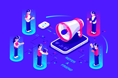Refer a friend concept announcement application business business people character chatting design employee flat illustration internet isometric marketing megaphone online people phone refer referral vector
