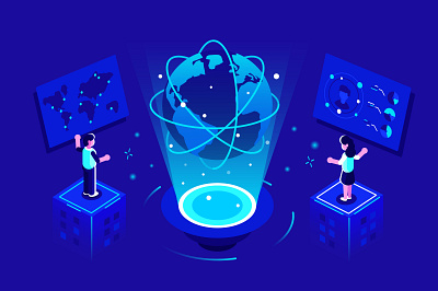 Global communication concept big data business business people character data analytics data center design earth flat global illustration internet isometric office people planet space team vector worldwide