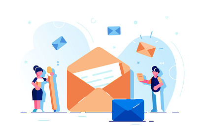 Email service app business people character chat chatting communication design e mail email email app email marketing illustration landing page letter line mail marketing message social media vector
