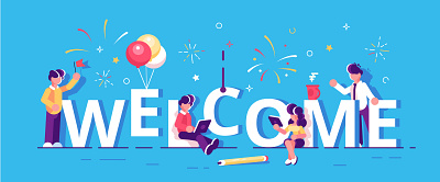 Welcome banner concept business business people character chatting colleagues design employee flat happy illustration marketing member office people team teamwork vector welcome work worker