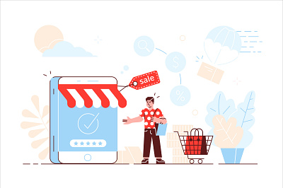 Online shopping app application business business people character design flat illustration internet marketing office online people phone sale shop shopping smartphone ui vector