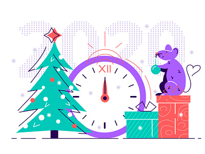 Happy New Year 2020. Cute smile rat decorate Christmas Tree 2020 character chinese new year christmas christmas tree clock design flat gifts happy holidays happy new year holiday illustration line style merry christmas new year new year 2020 rat stroke of midnight vector