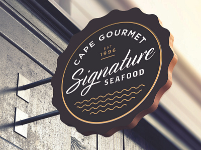 Cape Gourmet Signature Seafood Signage branding cape gourmet graphic design logo logo design packaging packaging design seafood seal sign signage waves