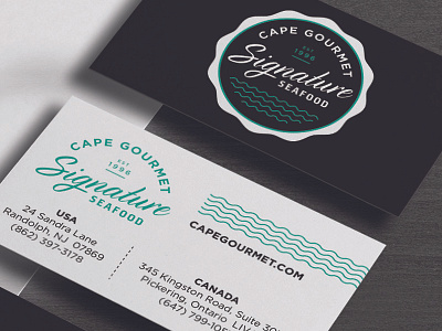 Cape Gourmet Signature Seafood Business Card branding business card cape gourmet graphic design logo logo design packaging packaging design seafood seal stationery waves