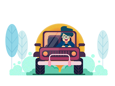 Drive flat vector illustration jeep. sunset tree