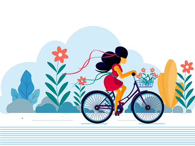 Cycling cycle flat vector flower girl illustration leaves
