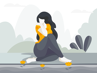 Sad Girl flat vector flower girl illustration leaves nature