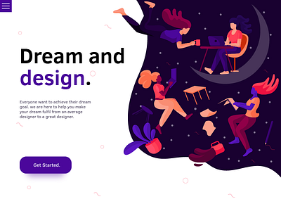 Dream And Design colors design girl illustration interface landing page plants sky typography ui work