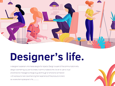designer's life character design colors concept flat vector illustration landing page plants