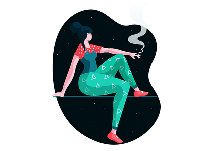 Smoking in the night character design design flat vector girl illustration night life sky smoker