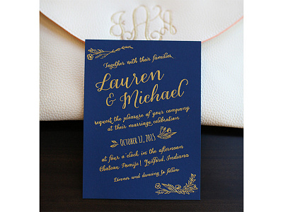 Wedding Invite blue embossing gold invitation typography wedding