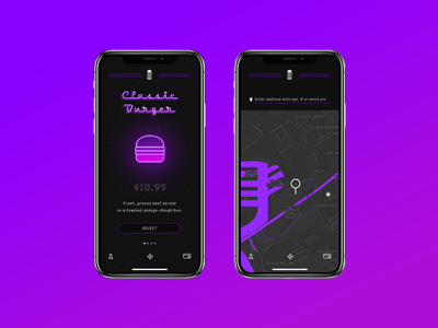 BUNZZZ burger fast food food delivery gps neon ui ux