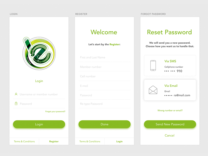 Initial screens iphone link button green app gym password reset register login