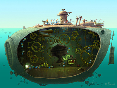 Old Submarine illustration rust sailors sea captain steam steam boiler steam engine. steampunk gear mechanism submarine