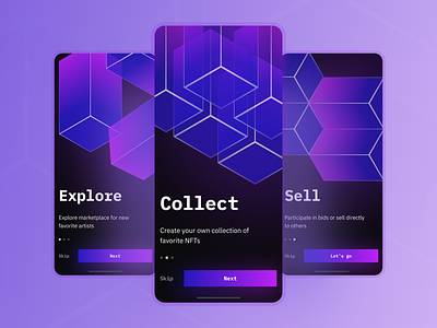 NFT Mobile Onboarding collect community cryptocurrency dao explore mobile ui nft nft gallery onboarding onboarding screens sell