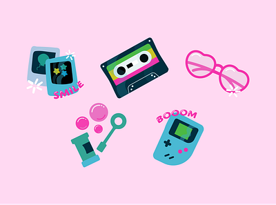 90s nostalgia 🎮 90s adobe illustrator bubbles cassette gameboy glasses icons iconset illustration polariod